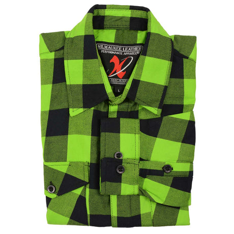 Milwaukee Leather MNG11632 Men's Flannel Plaid Black and Neon Green Long Sleeve Cotton Button Down Shirt