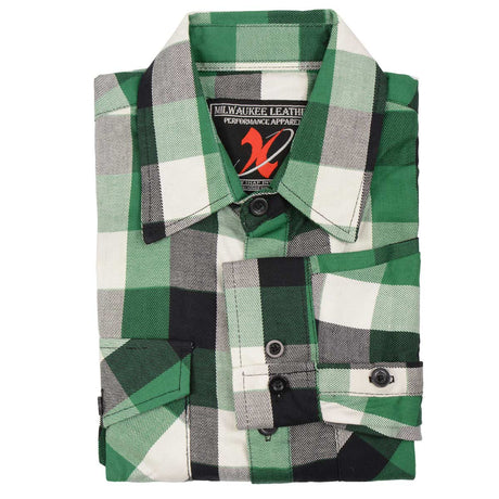 Milwaukee Leather MNG11636 Men's Flannel Plaid Shirt Green and White Long Sleeve Cotton Button Down Shirt