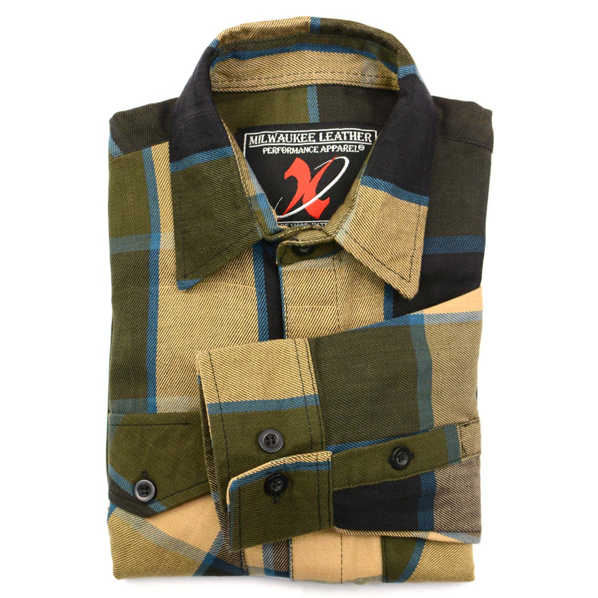 Milwaukee Leather MNG11639 Men's Flannel Plaid Beige with Black and Blue Long Sleeve Cotton Button Down Shirt