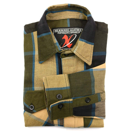 Milwaukee Leather MNG11639 Men's Flannel Plaid Beige with Black and Blue Long Sleeve Cotton Button Down Shirt