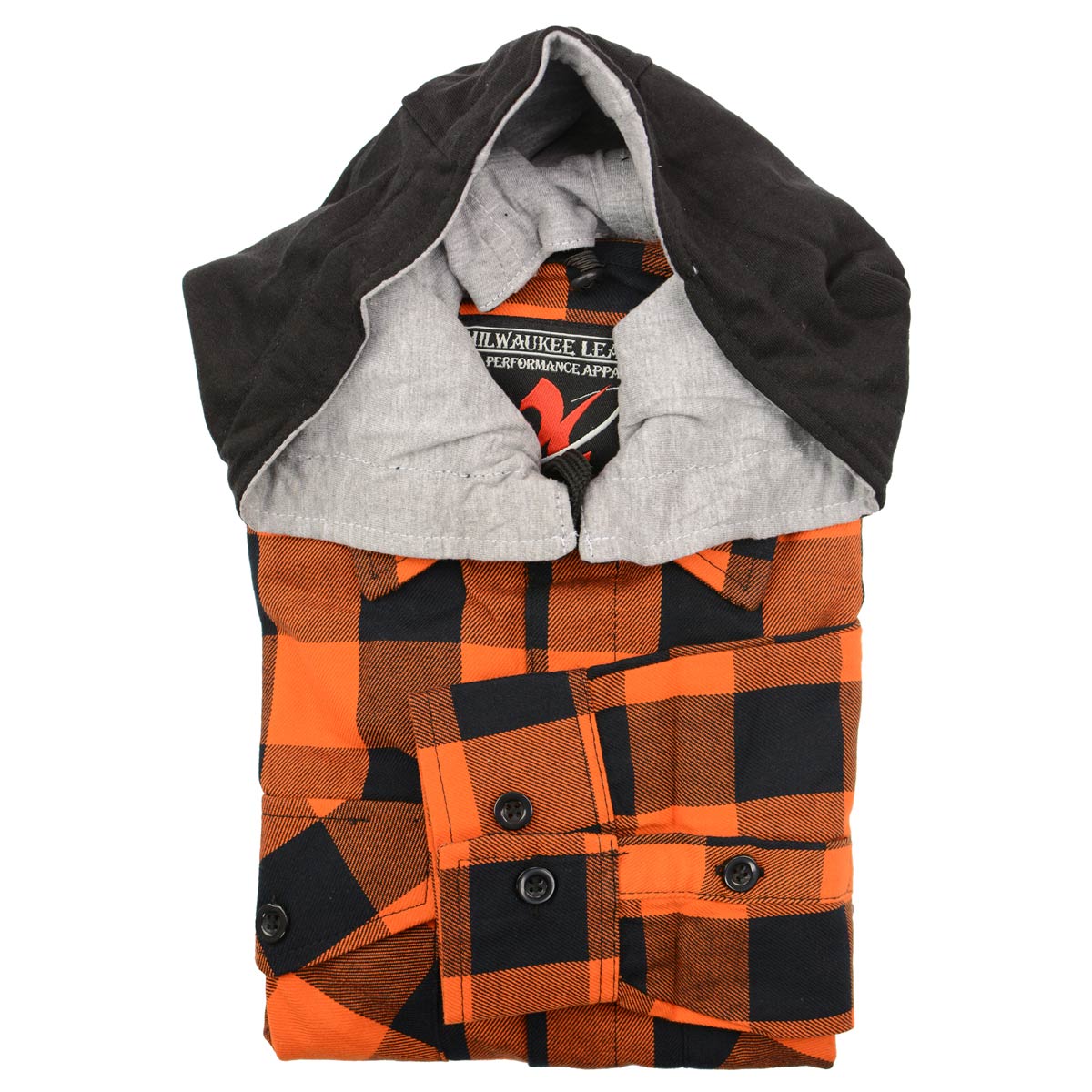 Men's "Saigon" Black/Orange Cotton Button Down Flannel Shirt w/ Hoodie - MNG11642 - by Milwaukee Leather