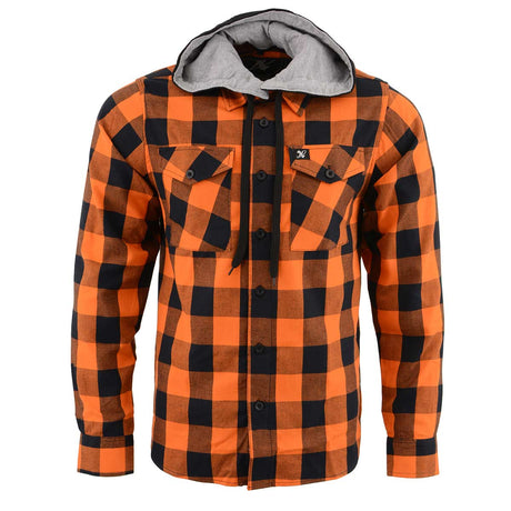 Milwaukee Leather MNG11642 Men's Flannel Plaid Orange and Black Long Sleeve Cotton Button Down Shirt w/ Hoodie