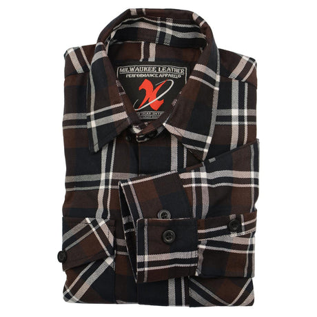Milwaukee Leather MNG11643 Men's Flannel Plaid Brown Black and White Long Sleeve Cotton Button Down Shirt