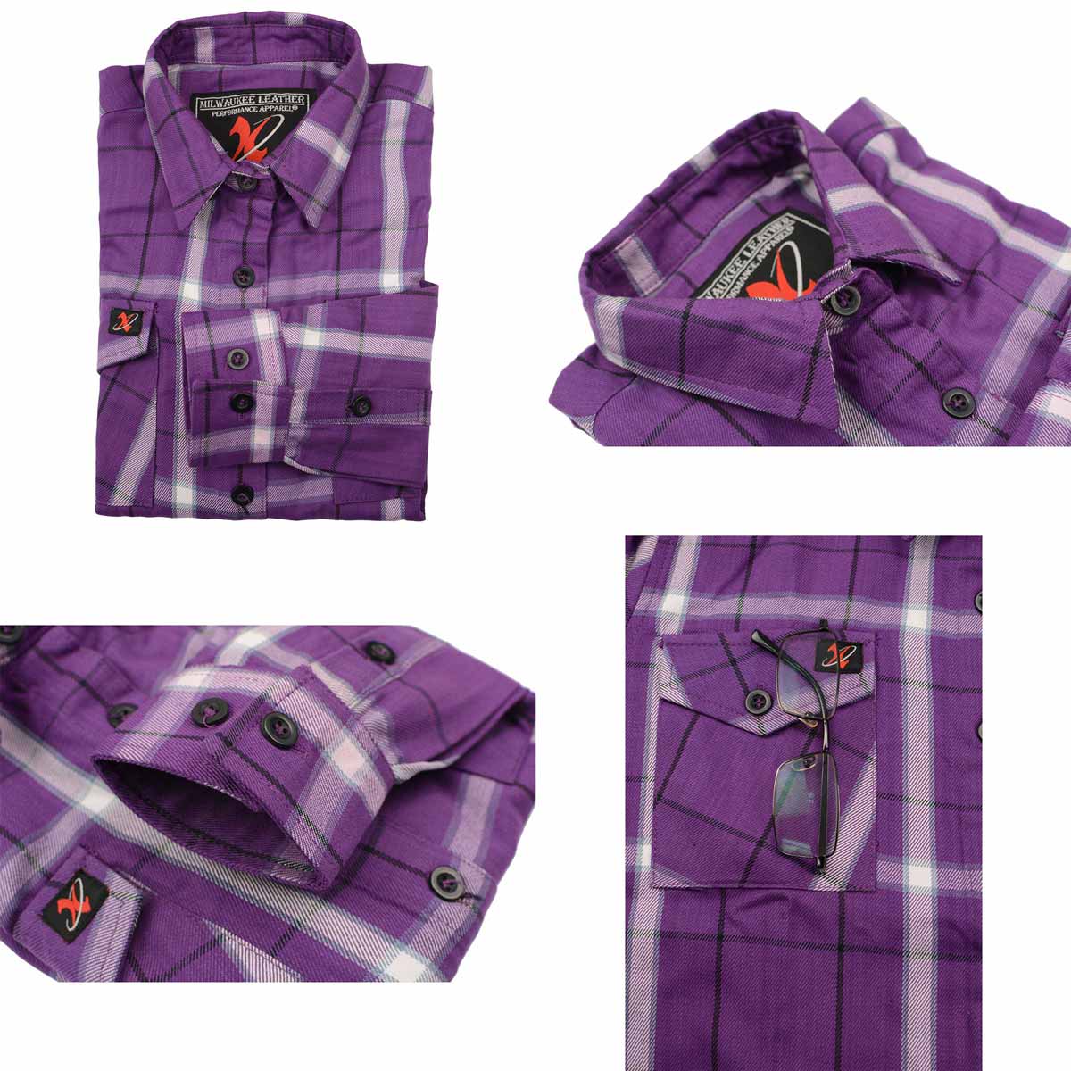 Women's "Cypress" White/Purple Long Sleeve Cotton Flannel Shirt - MNG21605 - by Milwaukee Leather