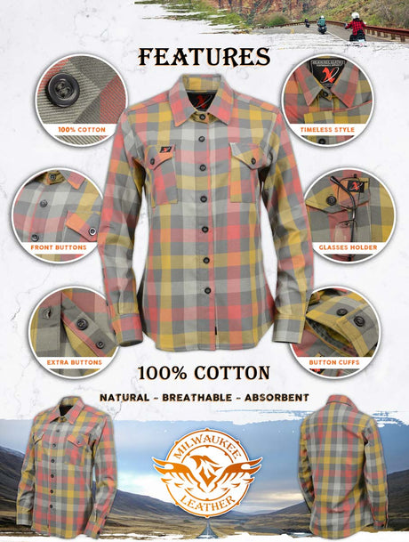 Milwaukee Leather MNG21614 Women's Gray and Red with Yellow Long Sleeve Cotton Flannel Shirt