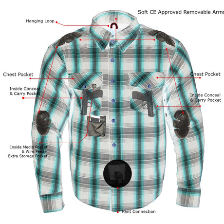 Milwaukee Leather MPM1625 Men's Armored Plaid Riding Shirt - CE Shoulder & Elbow Armor - Aramid Reinforced