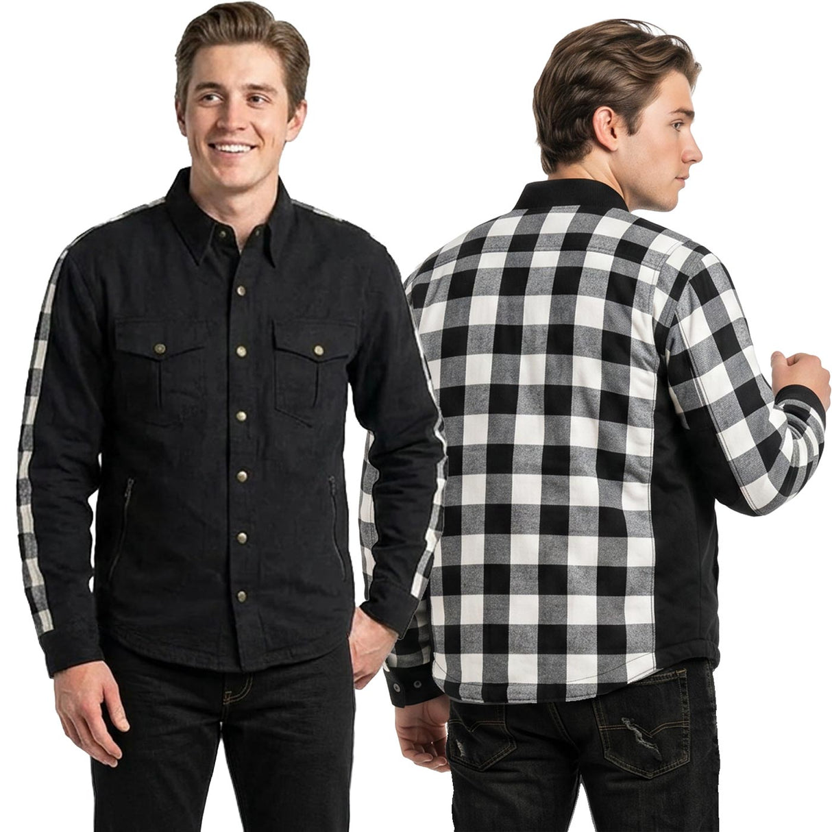 Milwaukee Leather Men’s Two-Tone CE Armored Flannel - Solid Front / Plaid Back - Reinforced w/ Aramid Fibers - MPM1673